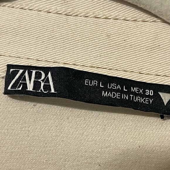 Zara Ruched Button Down Ivory Cotton Mini Denim Dress Size Large - Picture 5 of 5